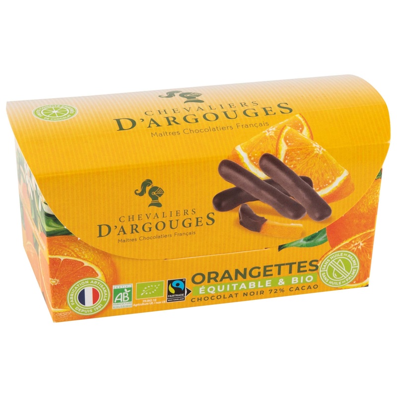 CHEVALIERS D’ARGOUGES French Master Chocolatiers – Orangettes coated dark chocolate 72% Organic/Fair Trade – Ballotin taste