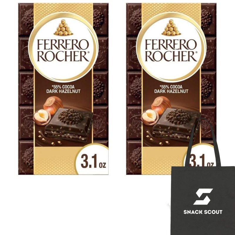 Ferrero Rocher Premium Chocolate Bar Dark Chocolate Hazelnut 3.1 oz Bar (Pack of 2) Bundle With Snack Scout Lunch Bag