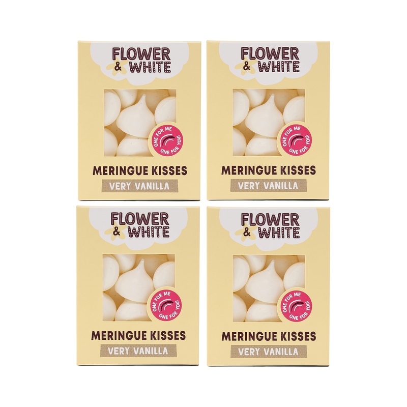Flower & White Very Vanilla Meringue Kisses (4 Pack) Low Calorie 10 Calories Per Kiss Vegetarian Gluten-Free Natural Flavours & Ingredients 4 x 100g