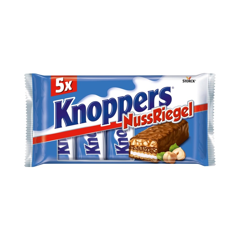 Knoppers nut bar- 1 x 200g (5 bars)- chocolate bar with milk and nugat cream hazelnuts caramel and whole milk chocolate 1 x 200g hazelnut