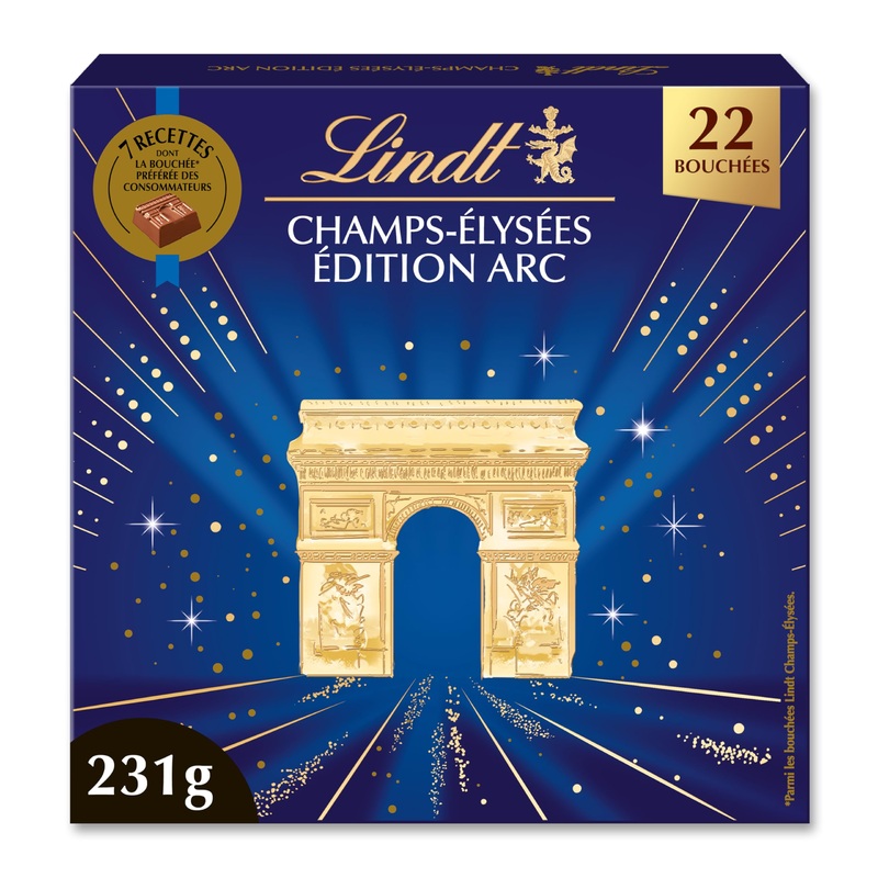 Lindt – Box CHAMPS- LYS ES Assorted Arc Edition – Assorted Milk Chocolates Black and White – Pralines Crispy and Smooth – Ideal for Christmas 231g