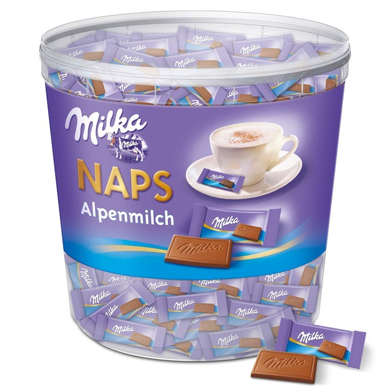 Milka Naps Alpine Milk 1 x 1kg delicately melting mini chocolate bars made from fine Alpine milk chocolate tin