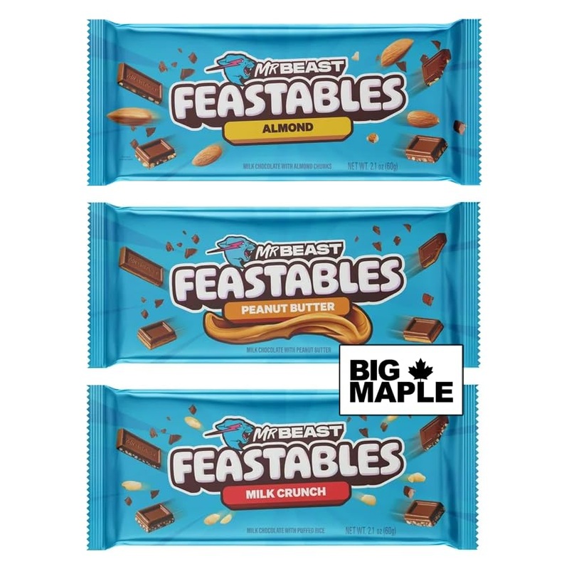 Mr. Beast Feastables (3) Chocolate Candy Bar Variety Bundle. Includes the following flavours Almond Peanut Butter Milk Crunch (60g per) BIG MAPLE Trivia Cards. Great Snack for Home School Office Friends Family School