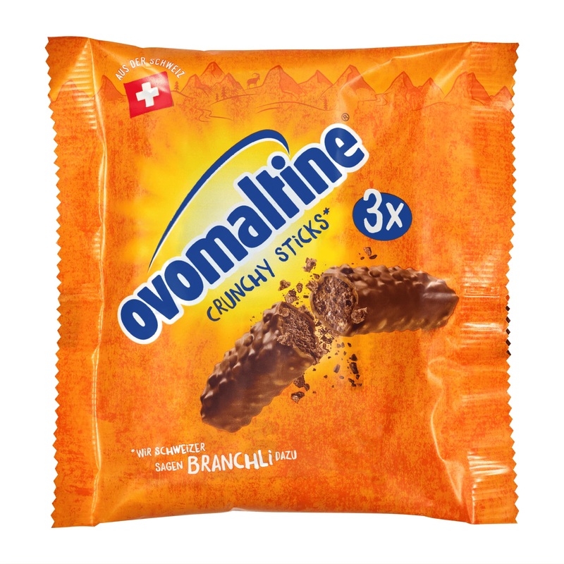 Ovomaltine crunchy stick chocolate bar made of Swiss whole milk chocolate with ovomaline cream rice crispies and the finest cocoa powder sustainable (3 x 22g)