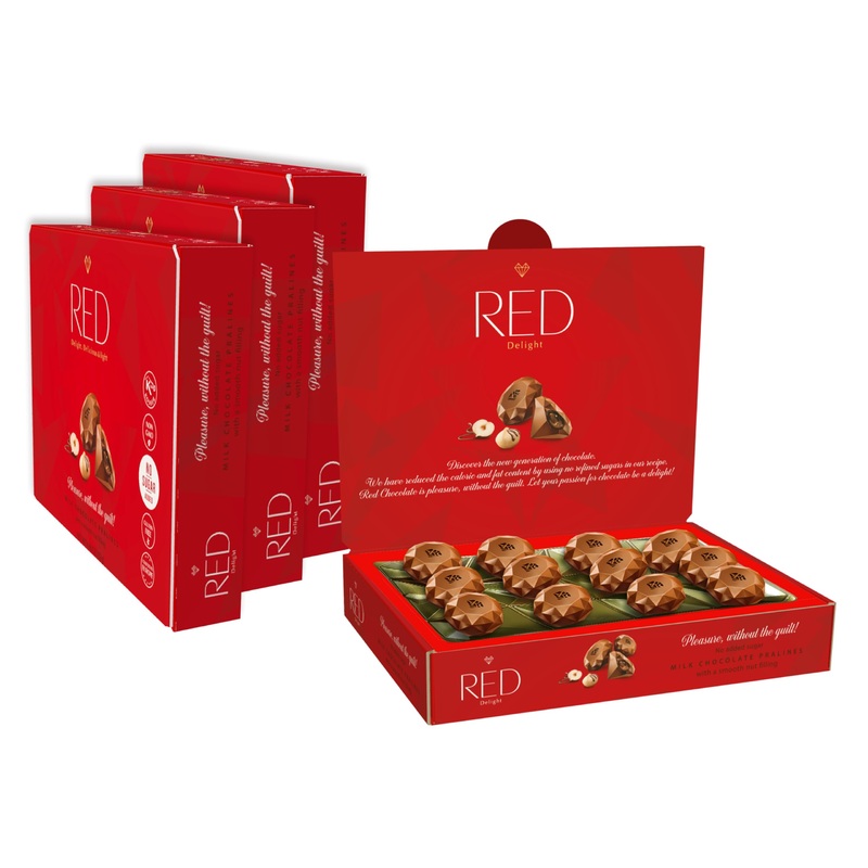 RED Pralines made from low-calorie milk chocolate with a delicate nut filling without added sugar 132g