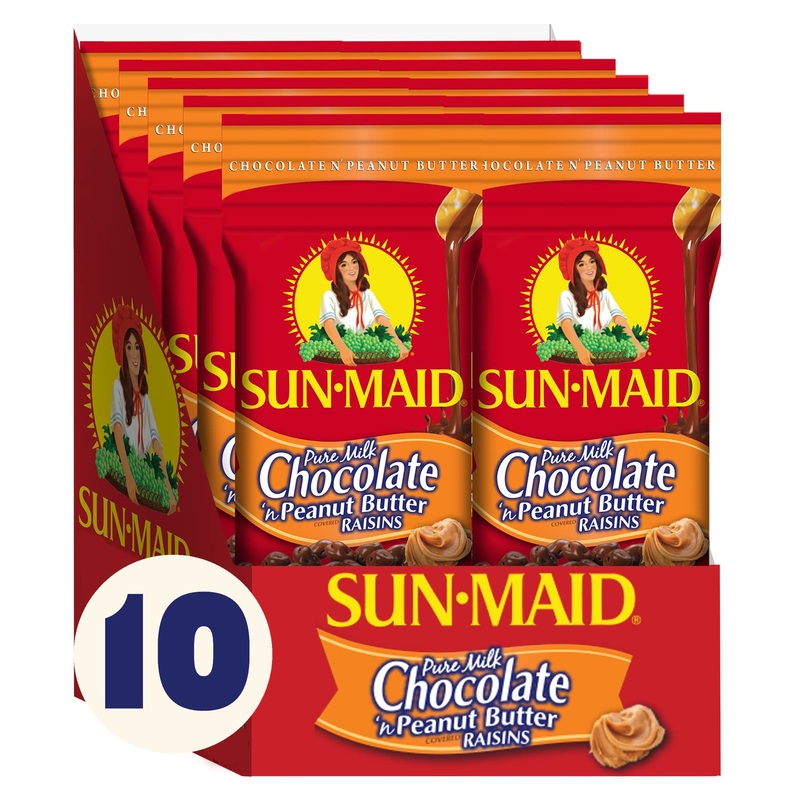 Sun-Maid Chocolate Covered Raisins Snacks, Pure Milk Chocolate ‘n Peanut Butter Raisins, 2 oz Individual Single Serve Bags (Pack of 10) Milk Chocolate ‘n PB