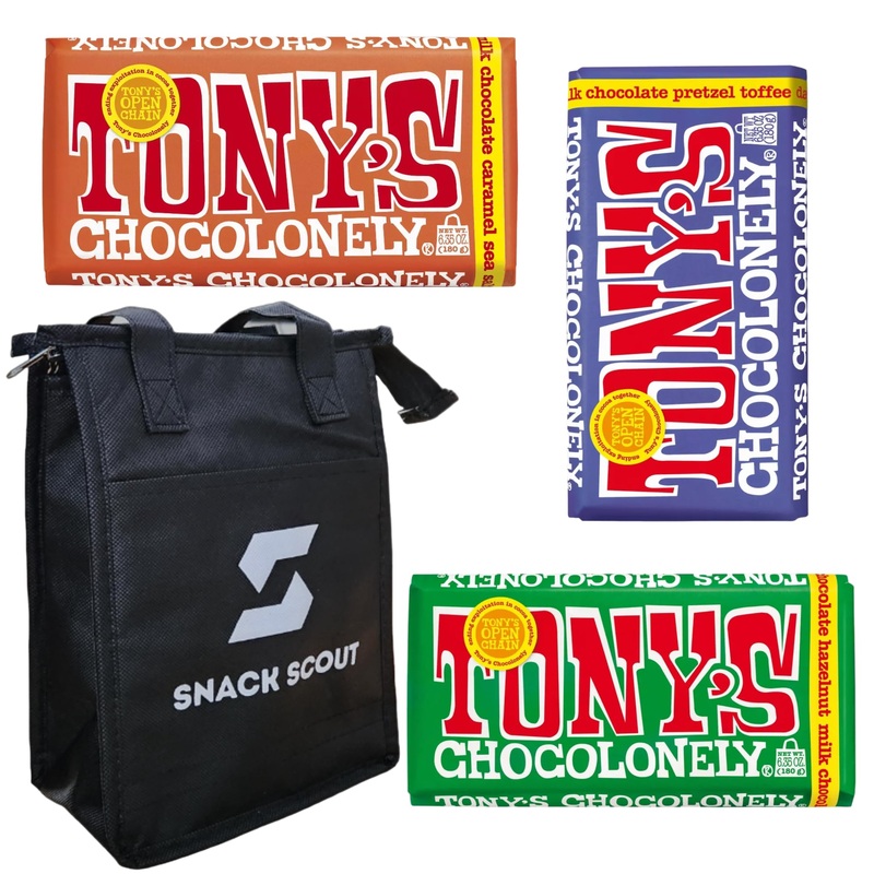 Tony’s Chocolonely Netherlands Caramel Pretzel Toffee Hazelnut Chocolate Bar Bundle With Snack Scout Lunch Bag