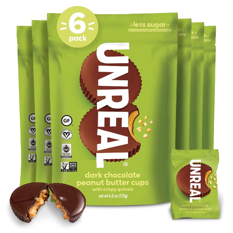UNREAL Dark Chocolate Crispy Quinoa Peanut Butter Cups – Vegan, Gluten Free, Less Sugar (6 Bags)