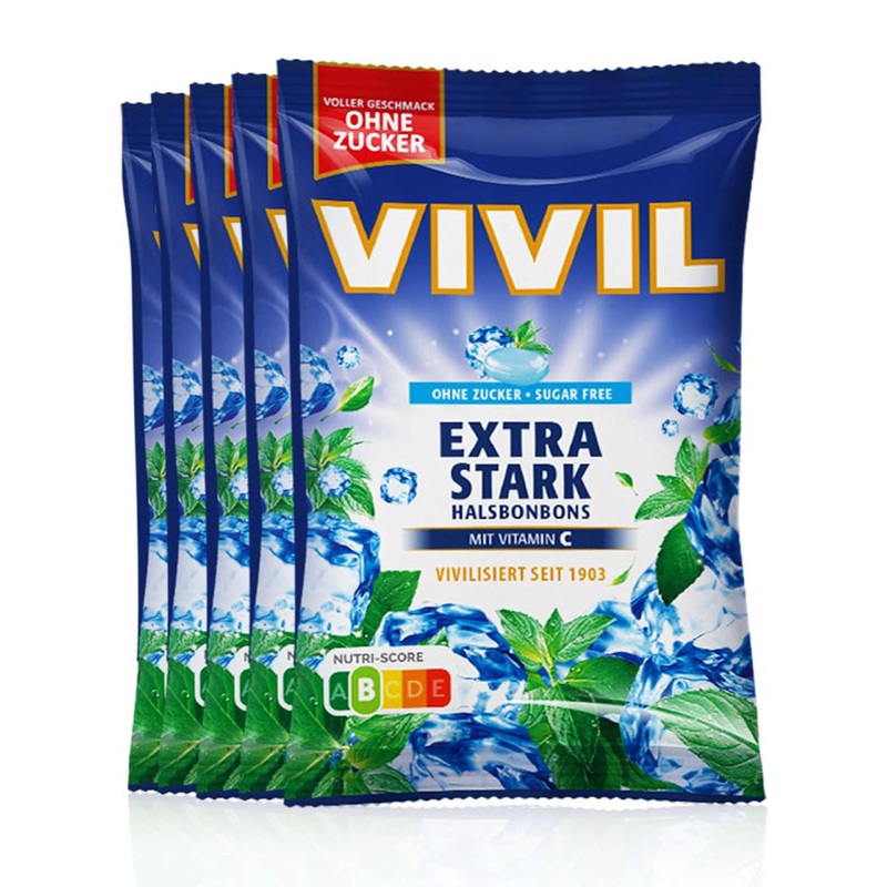 VIVIL Extra Strong with Vitamin C 5 bags throat lozenges with peppermint flavor sugar-free & vegan 5 x 120g Extra Strong 5 bags