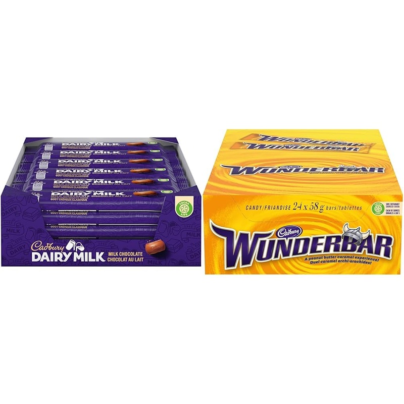 Cadbury Dairy Milk Milk Chocolate The Classic Creamy Taste Chocolate Bars 42 g (Pack of 24) & Wunderbar Chocolatey Candy Bars 58 g (Pack of 24)