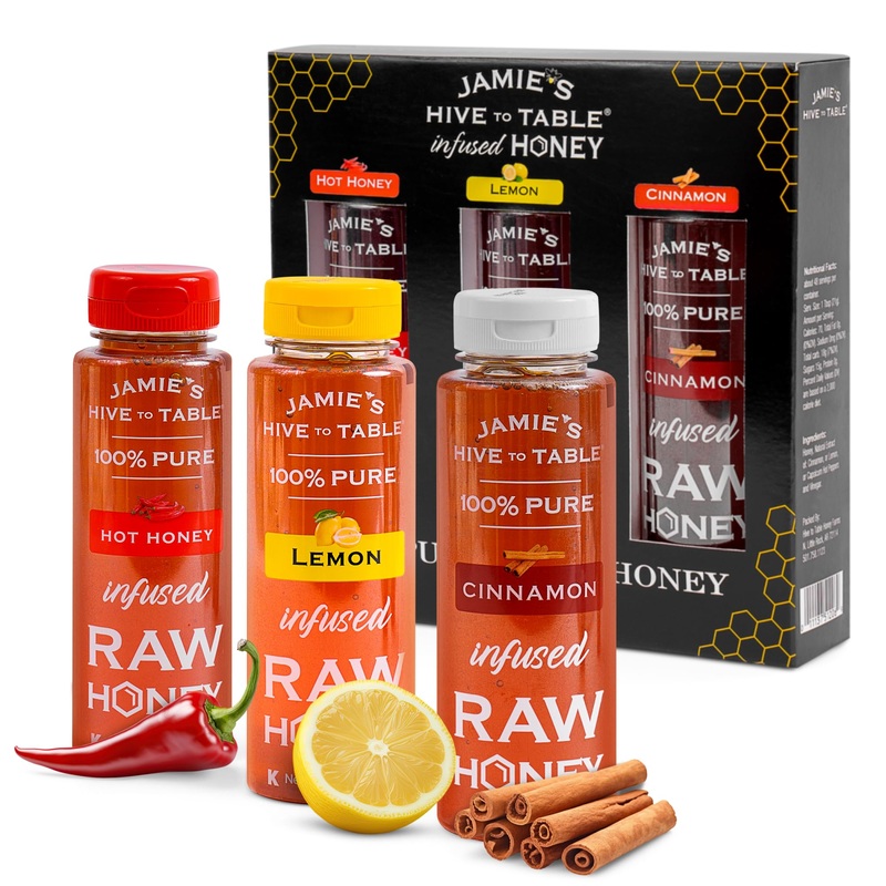 Jamie’S Hive To Table Infused Honey Gift Set – Hot, Lemon, And Cinnamon Flavors, 36 Oz, Pack Of 3 Squeeze Bottles – 100% America