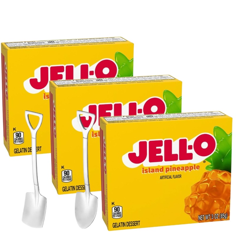 Jell-O Gelatin Dessert Mix – 3 Oz Boxes (Pack Of 3) – With Mini Shovel Spoons (Island Pineapple) – Metal Spoons