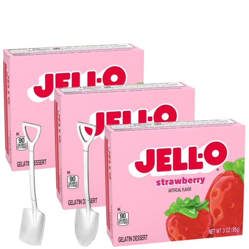 Jell-O Gelatin Dessert Mix – 3 Oz Boxes (Pack Of 3) – With Mini Shovel Spoons (Strawberry) – Metal Spoons