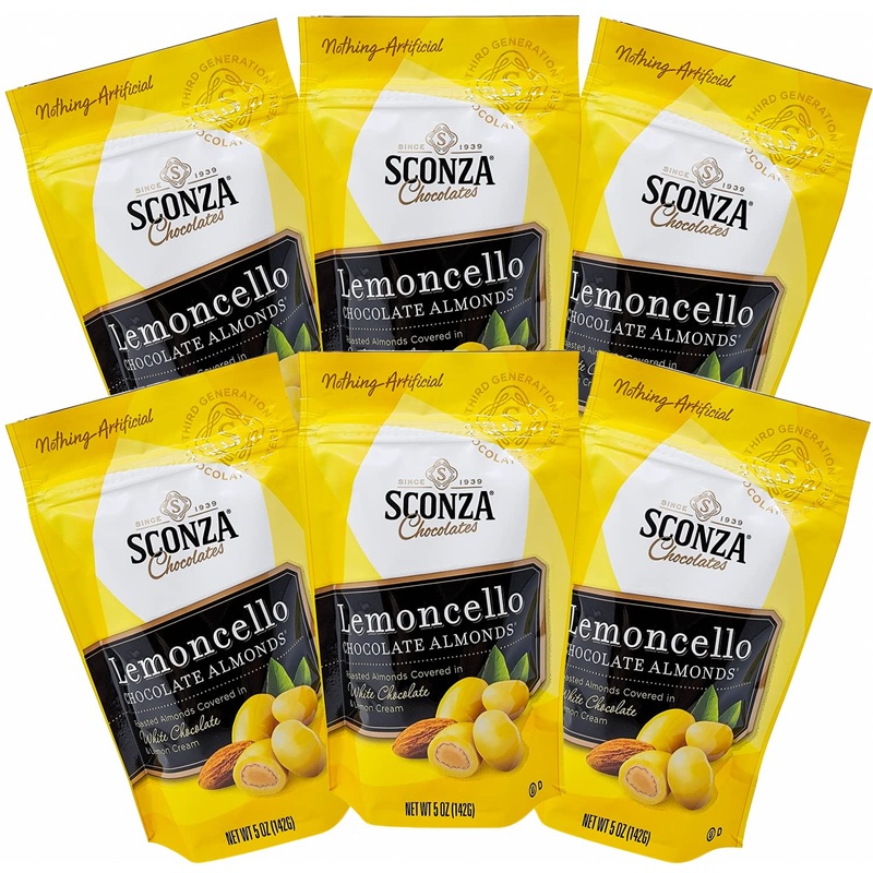 Lemoncello Chocolate Covered Almonds – By Sconza – Roasted Almond Covered in White Chocolate and Lemon Creme Candy | 6 Pack of 5 Oz Bags | Gift Snack