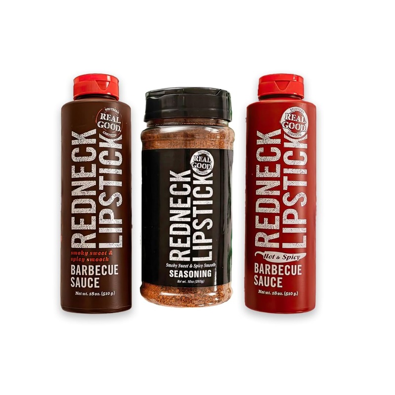 Redneck Lipstick Bbq Sampler, Smoky Sweet & Spicy Smooth, Hot & Spicy Barbecue Sauce And Irresistable Smoky Sweet & Spicy Season