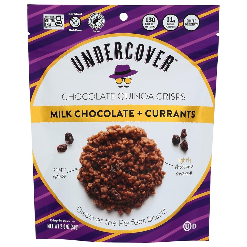 UNDERCOVER CHOCOLATE QUINOA CRISPS  MILK CHOCOLATE + CURRANTS | 8 Pack of 2oz Bags | Gluten Free Crispy Quinoa chocolate snacks | Kosher, Allergen Friendly, Nut Free
