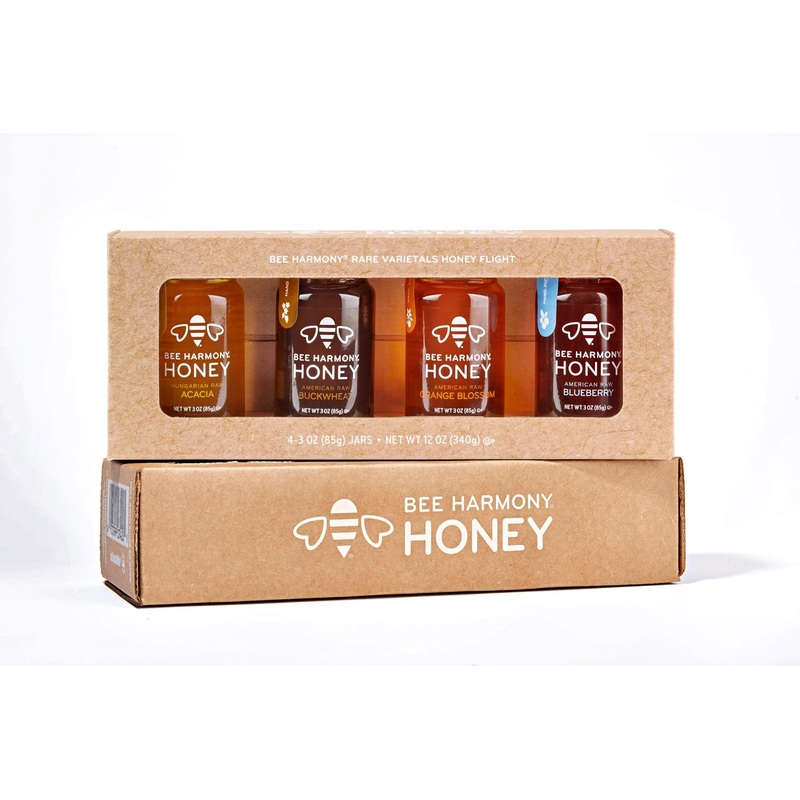 Bee Harmony Rare Varietals Honey Flight, Mini Honey Gift Set, 4 Jars, 3 Oz Each, Premium, Raw (Acacia, Buckwheat, Blueberry Blos