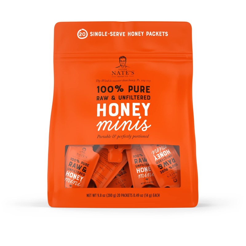 Nate’S Honey Minis – Single-Serve 100% Pure, Raw & Unfiltered Honey – 0.49Oz Packets, 20Ct Bag