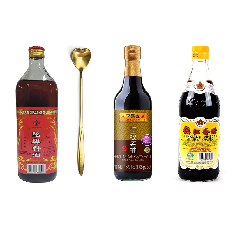 Shaohsing (Shaoxing) Rice Cooking Seasoning 750Ml, Premium Dark Soy Sauce, Gold Plum Chikiang Vinegar Plus Golden Heart Long Han
