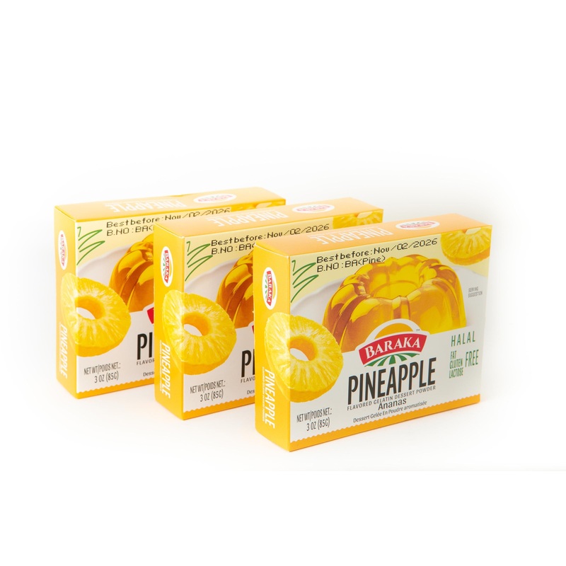 Baraka’S Halal Pineapple Flavored Gelatin Dessert Powder, 3 Oz, Gluten Free. (Pack Of 3)