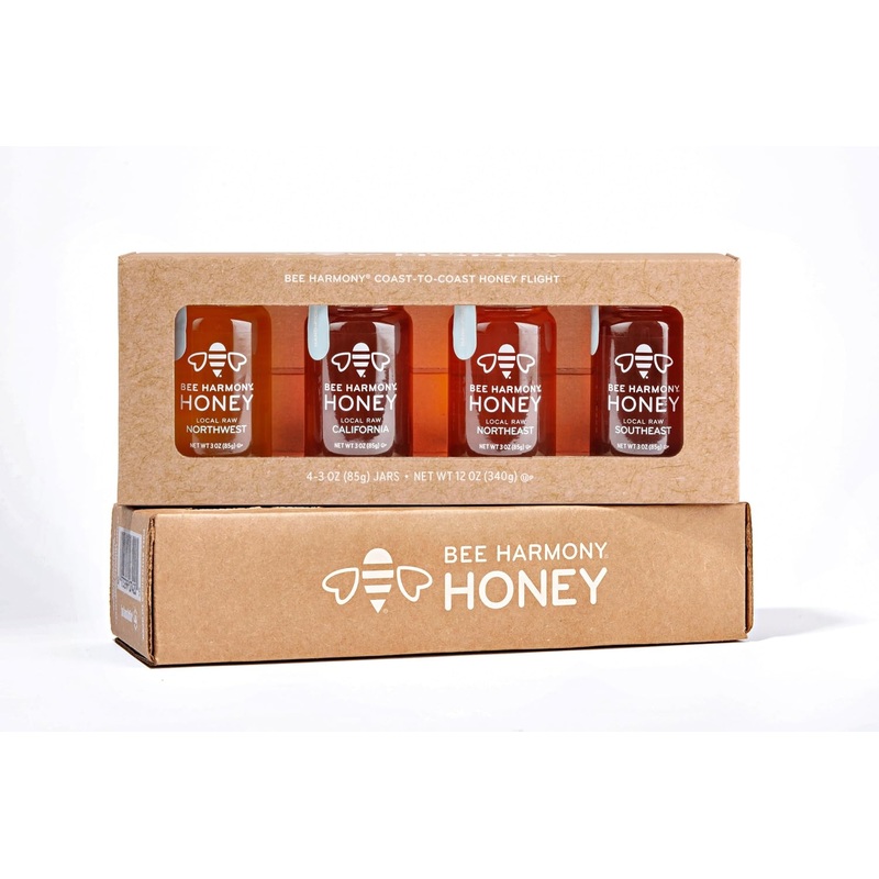 Bee Harmony Coast-To-Coast Honey Flight, Mini Honey Gift Set, 4 Jars, 3 Oz Each, Premium, Raw, Made In The Usa