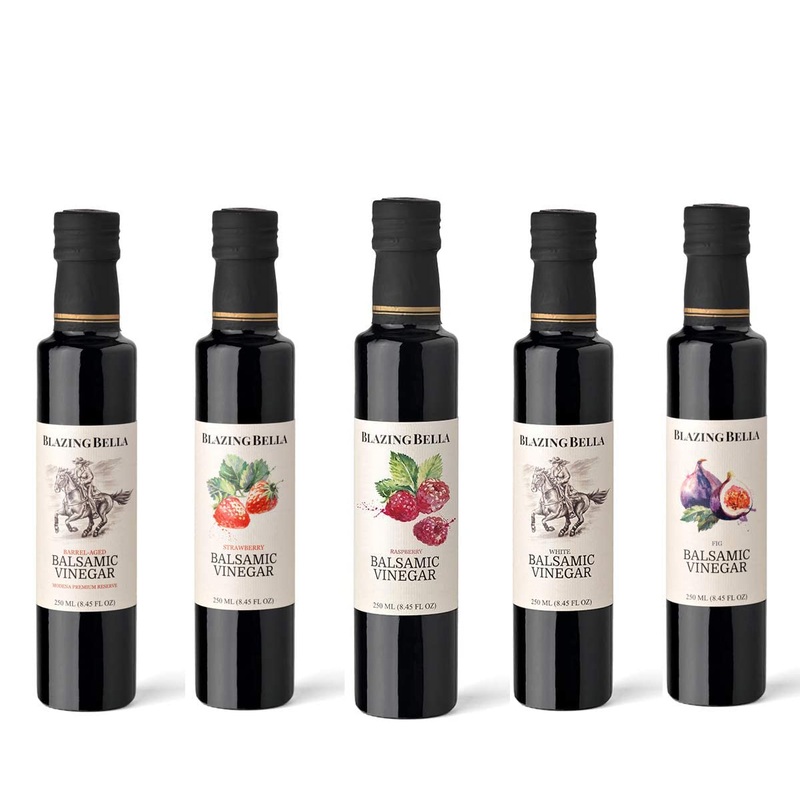 Blazing Bella Balsamic Vinegar Five 250 Ml Bottle Variety Set – Barrel Aged, Strawberry, Raspberry, White, And Fig Balsamic