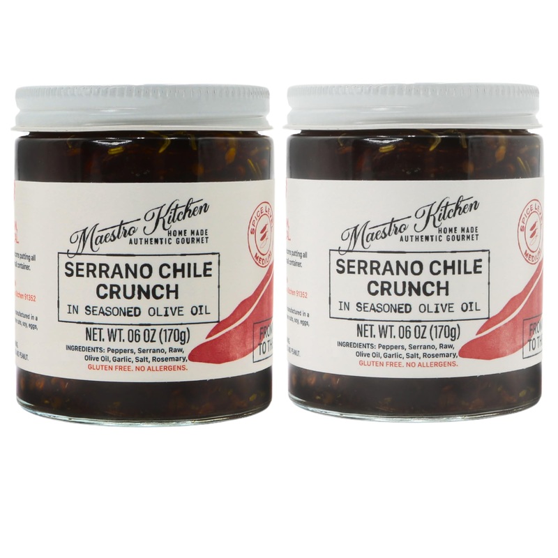 Spicy Serrano Pepper Chile Crunch Crisp 6Oz 2 Pack – All Natural Chili Oil Hot Sauce W/ 100% Olive Oil, Garlic & Rosemary – Crun