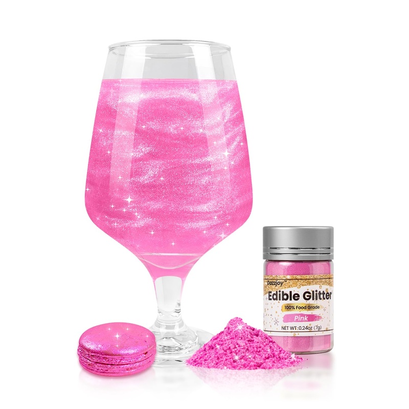 Dazzjoy Pink Edible Glitter For Cocktails, Food Grade 7G, Kosher, Shimmer Edible Glitter For Drinks, Decorating, Cupcake, Cookie