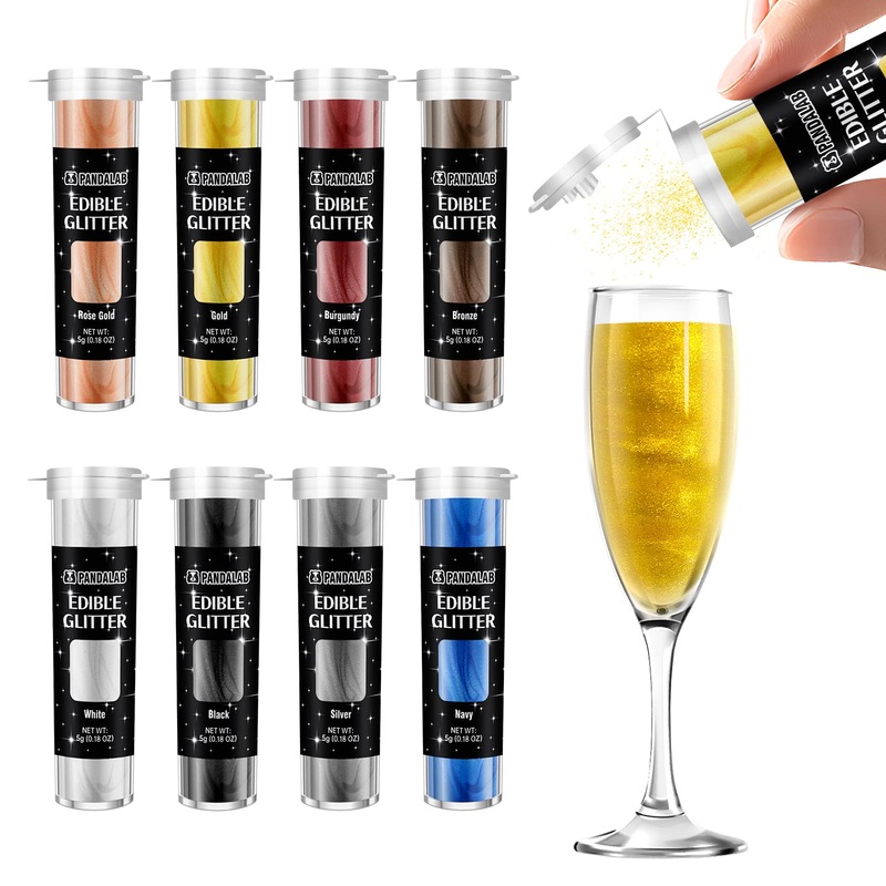 Edible Luster Dust – Food Grade Rose Gold Navy Glitter For Drinks, Wines, Cocktails, 8 Colors Decorating Shimmering Glitter For