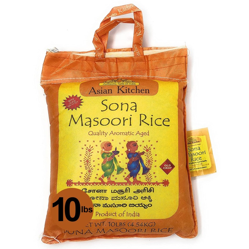 Asian Kitchen White Sona Masoori Aged Rice 10-Pound Bag, 10Lbs (4.54Kg) Short Grain Rice ~ All Natural | Gluten Friendly | Vegan
