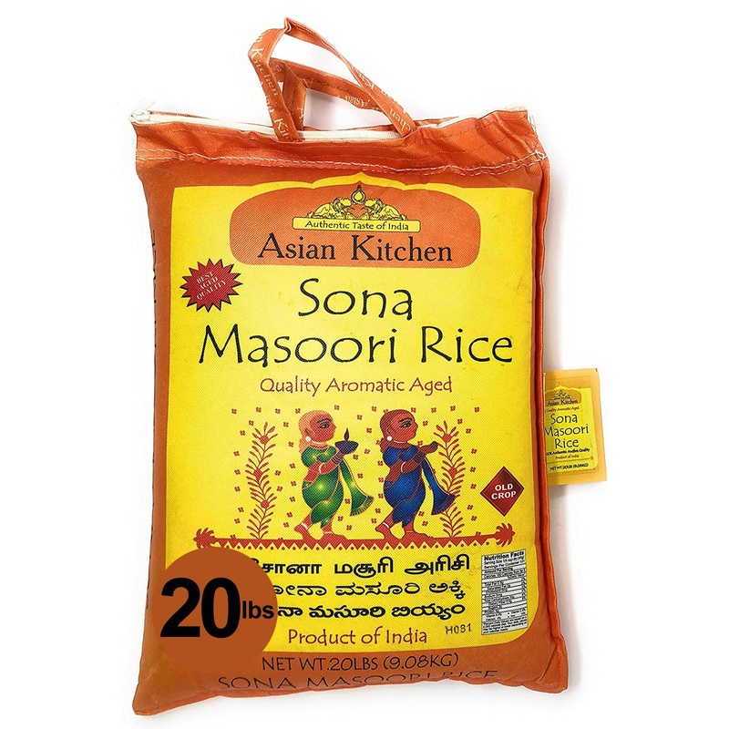 Asian Kitchen White Sona Masoori Aged Rice 20-Pound Bag, 20Lbs (9.08Kg) Short Grain Rice ~ All Natural | Gluten Friendly | Vegan