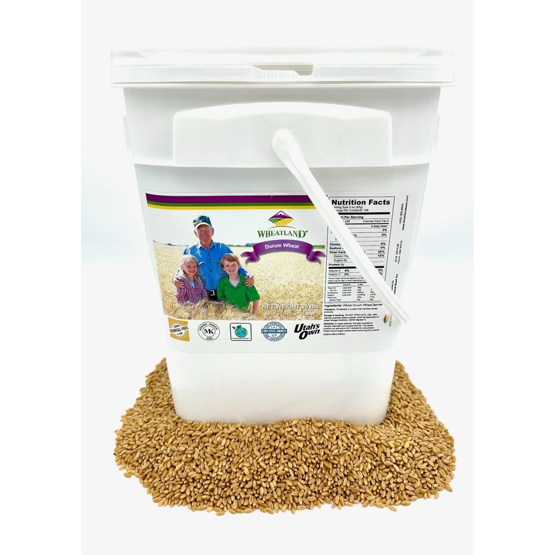 Durum Wheat Berries I Wheatland I 20Lb Bucket I 25 Year Shelf Life I Tested Chemical Free I Non Gmo I Kosher I Vegan I Mylar + 4