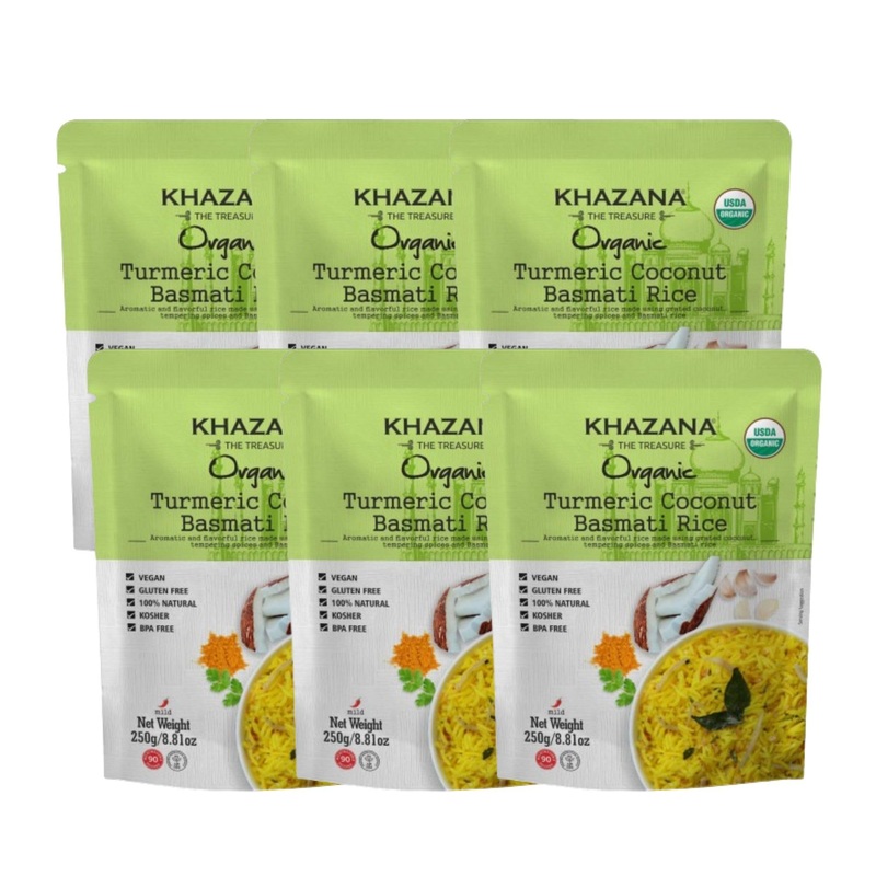 Khazana Turmeric Coconut Organic Basmati Rice – Ready To Heat (6-Pack, 8.8Oz) – Authentic, Aromatic & Flavorful Indian Grain – N