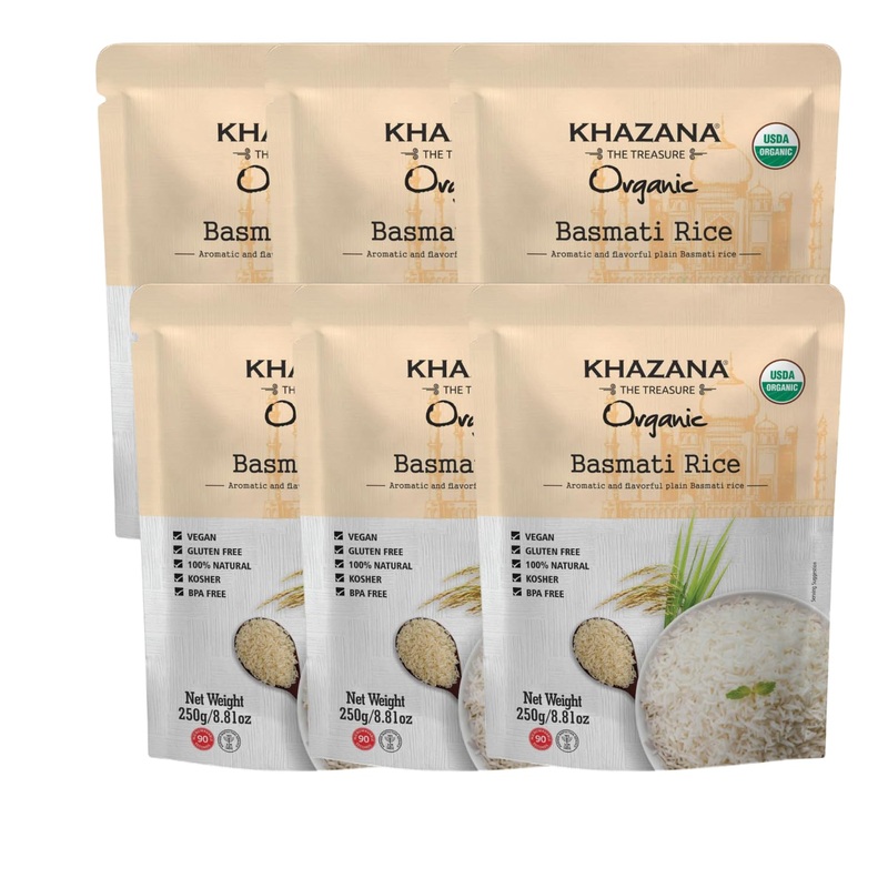Khazana Organic Basmati Rice – Ready To Heat (6-Pack, 8.8Oz) – Authentic, Aromatic & Flavorful Indian Grain – Non-Gmo, Vegan, Gl