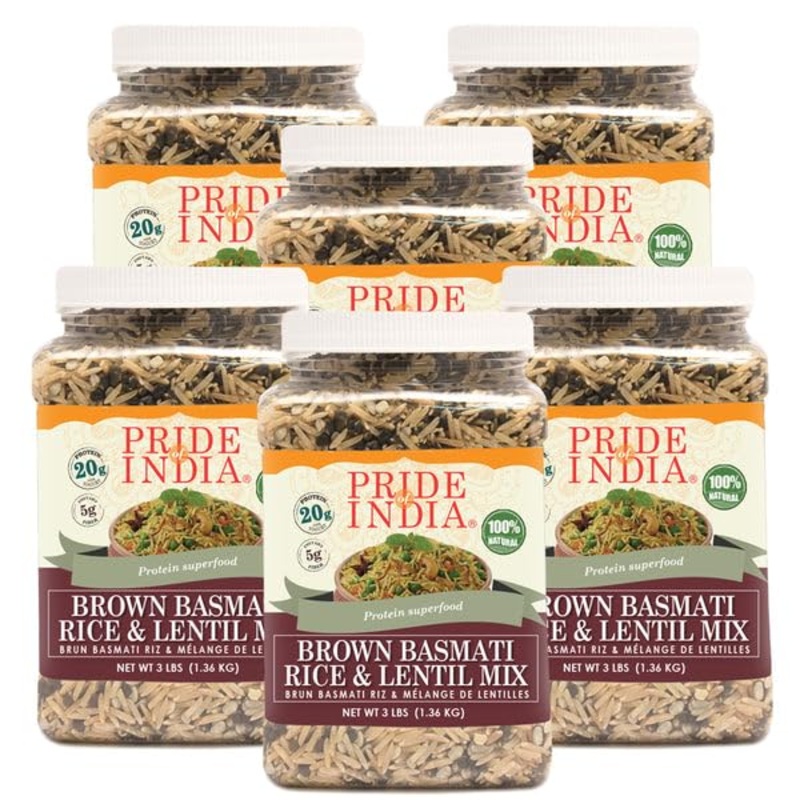 Pride Of India – Pack Of 6 – Indian Brown Basmati Rice & Lentil Kitchari Mix – Protein Superfood, 3 Pound Jar