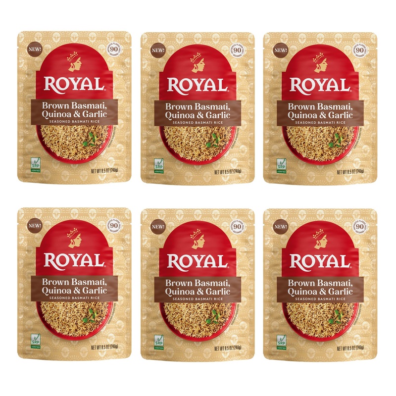 Royal Basmati Brown Rice With Quinoa And Garlic – Ready To Heat Basmati Rice – (6 Pack) 8.5 Oz Microwaveable Pouch
