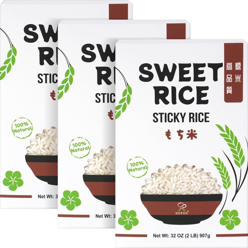 Soeos Sweet Sticky Rice 2Lbs(Pack Of 3), Premium Glutinous Rice, All Natural Gluten Free Sticky Rice For Desserts Or Rice Cakes,