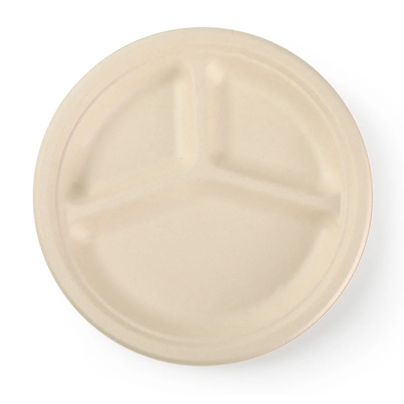 9″ Disposable Bamboo 3-Compartment Round Plates – 125 Plates