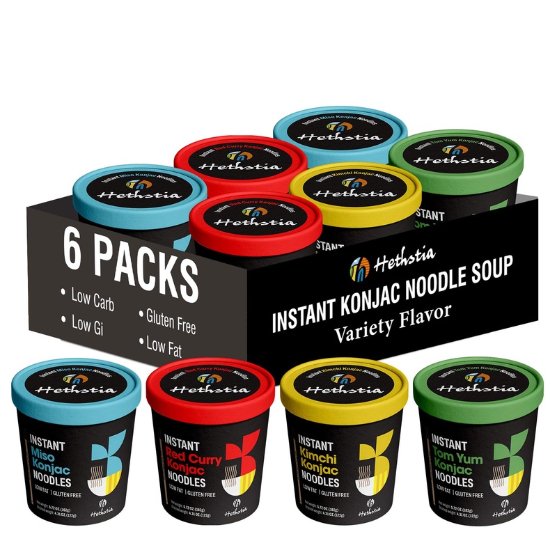 Hethstia Konjac Noodle, 6-Pack Instant Shirataki Noodle Soup Cups Variety Flavor(Spicy Red Curry, Miso, Kimchi, Tom Yum) – Low-C