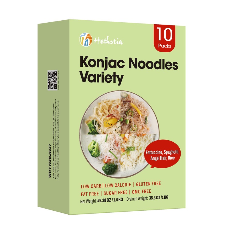 Hethstia Konjac Noodles Variety Pack – 10 Pack Shirataki Noodle With Fettuccine, Angel Hair, Spaghetti, And Rice Shapes, Keto, V