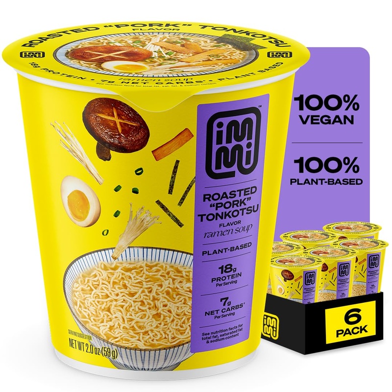 Immi Roasted ‘Pork’ Tonkotsu Ramen Cup Noodles – 18G Plant-Based Protein, 8G Net Carbs, Keto Friendly, High Protein, High Fiber,