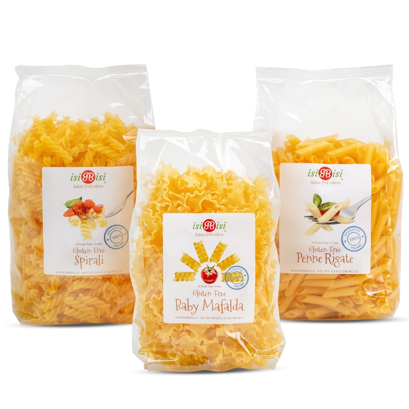Isibisi Pasta Sampler – Penne, Baby Mafalda Pasta, Spirali Noodles – Italian Pasta In Bulk Made With Corn, Rice Flour – Non Gmo