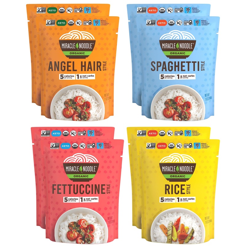 Miracle Noodle Organic Variety Pack (Angel Hair, Spaghetti, Fettuccine, & Rice) – Ready-To-Eat, Konjac Shirataki Noodles, Keto,
