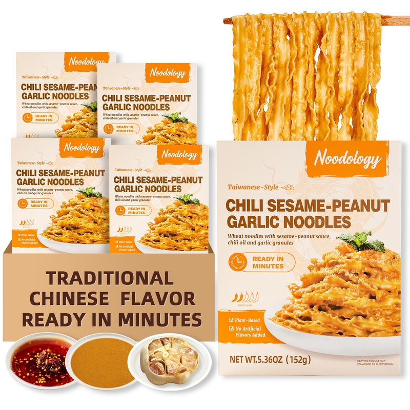 Noodology Chili Sesame Garlic Saucy Noodles Dishes, Taipei Mala Spicy Savory Nutty Chinese Flavor, Hand-Sliced Thick Noodles Ram