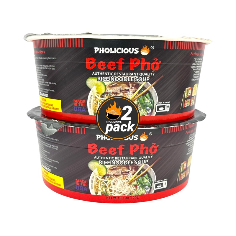 Pholicious Instant Beef Pho, Authentic Vietnamese Rice Noodle Soup Kit With Spices & Broth Mix, Ramen Noodles Alternative, Quick