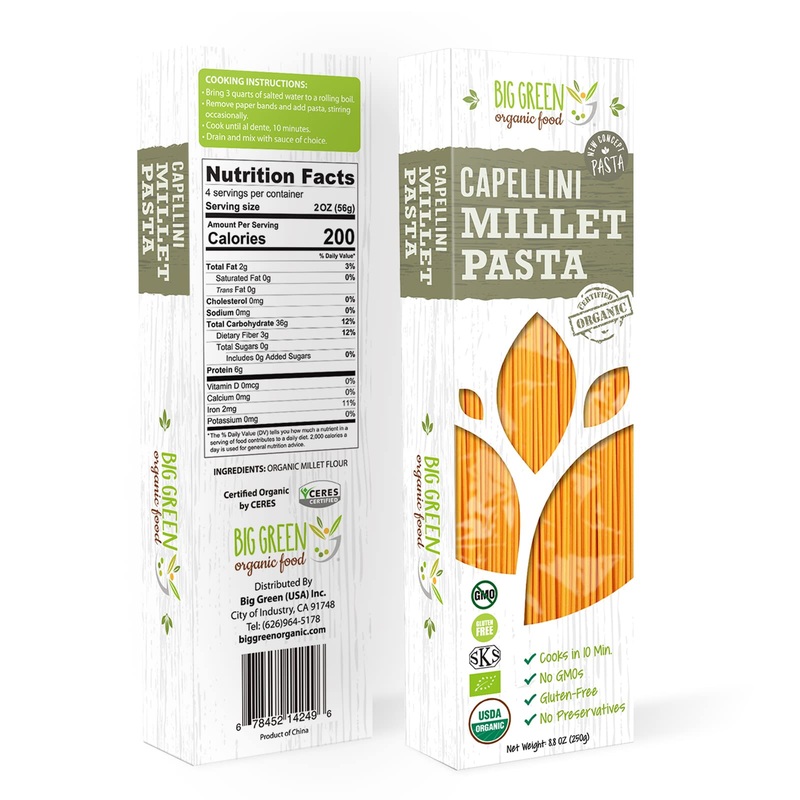 Big Green Organic Food- Organic Millet Capellini, Gluten-Free, Lectin-Free, Non-Gmo, Vegan, Wheat And Rice Alternative, 2.75 Lb