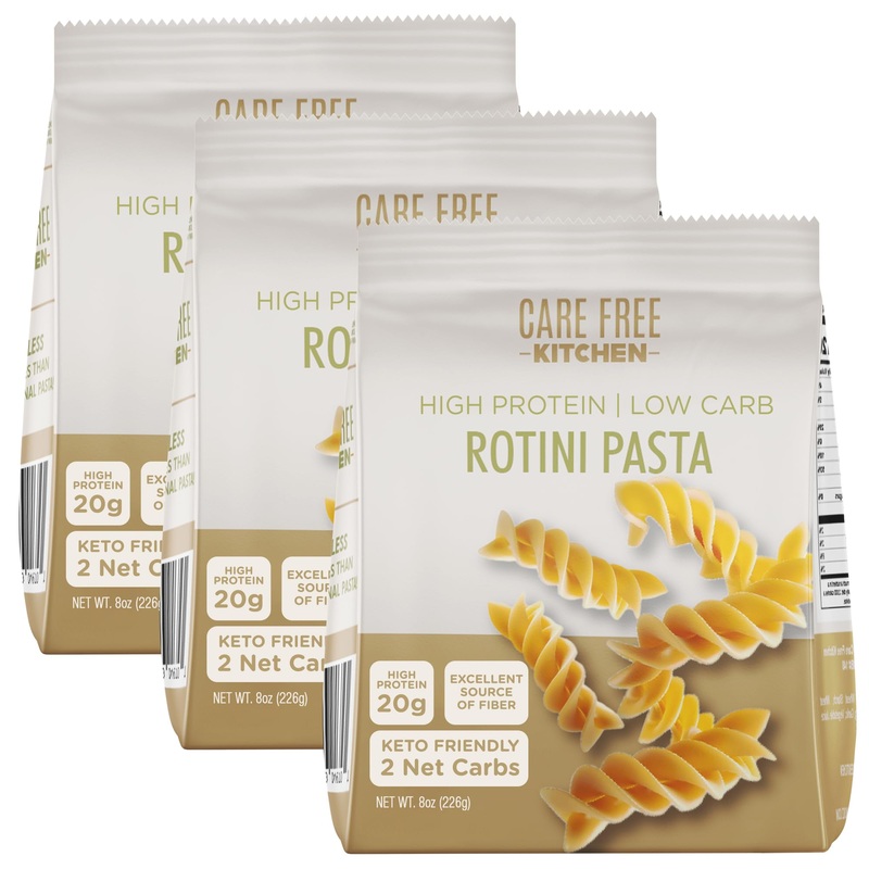 Care Free Kitchen Plain 3-Pack (8 Oz. Bags) Rotini Keto Pasta Noodles, 20G High Protein, Low Carb 2G Net Carbs, 26G High Fiber