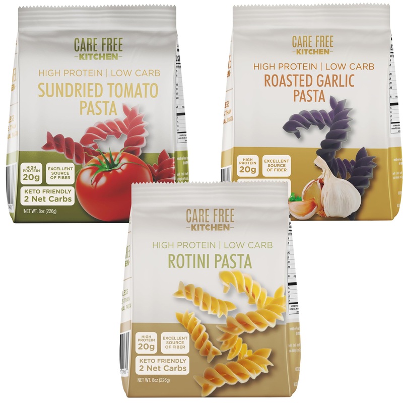 Care Free Kitchen Rotini Keto Pasta Noodles Variety 3-Pack (8 Oz. Bags) Plain, Sundried Tomato, Roasted Garlic, 20G High Protein