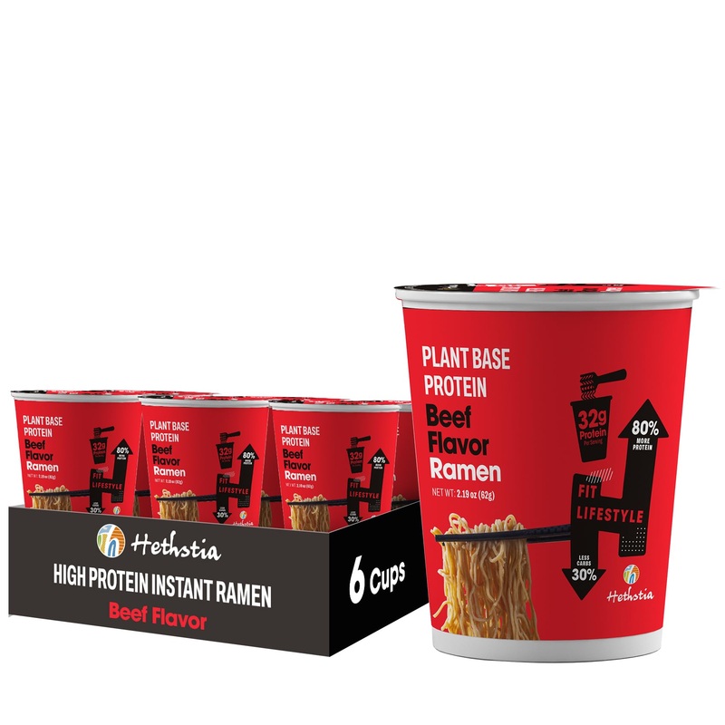 Hethstia High-Protein Ramen Beef Soup Cups – 6 Pack Instant Ramen Spicy Beef Flavor, 32G Plant-Based Protein, Vegan, Air-Dried,