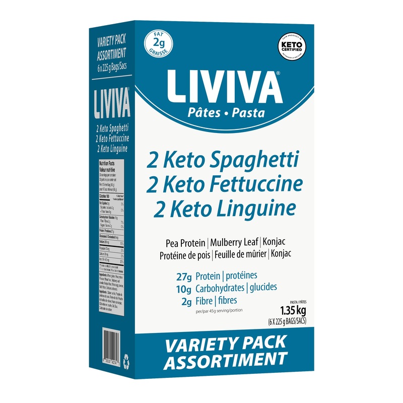 LIVIVA Low Carb High Protein KETO Pasta Variety Pack – 6 Pk (Linguine, Spaghetti, Fettuccine) – 135g Protein, 8g Net Car